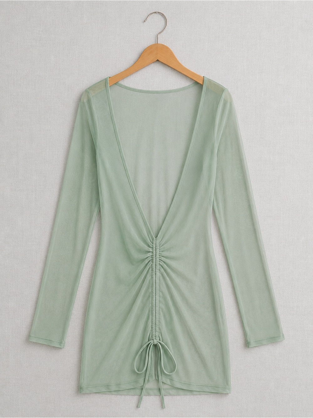 Sage Green Long Sleeve Ruched Front Mesh Mini Dress